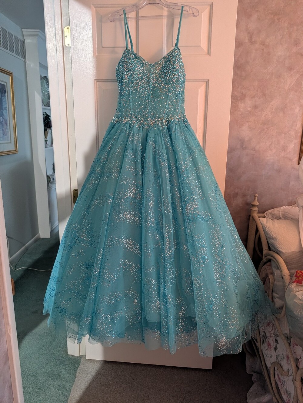 Jovani Sparkling Turquoise Tulle Ball Gown for Girls